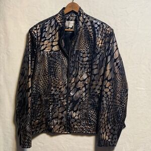 Erin London Womens XL Metallic Black Gold Silver Abstract Print Zip Up Jacket
